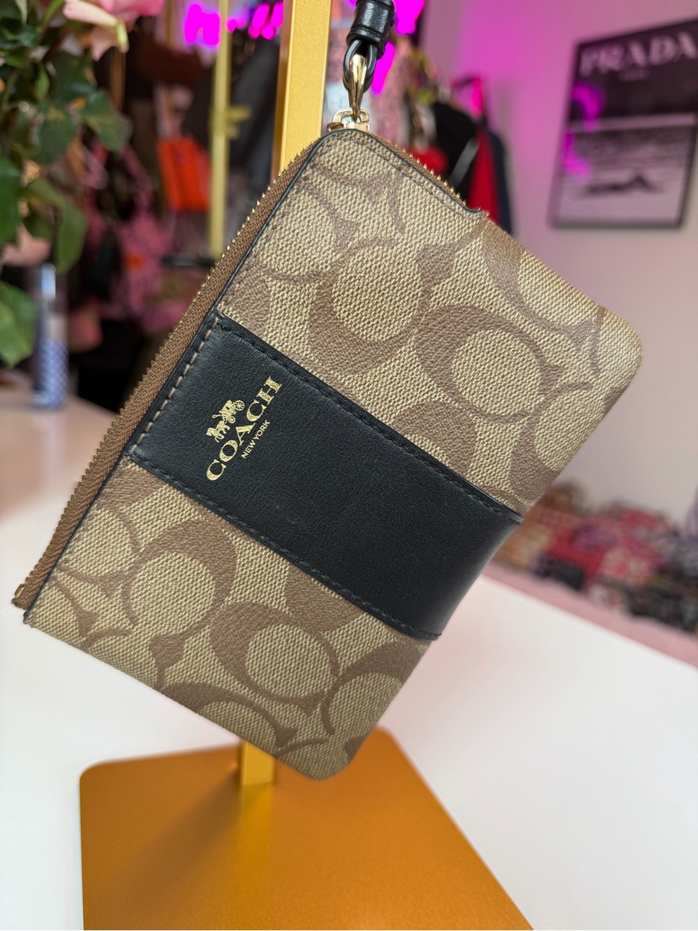 Coach Signature C Double Zip Wristlet Wallet F58035 Khaki Black